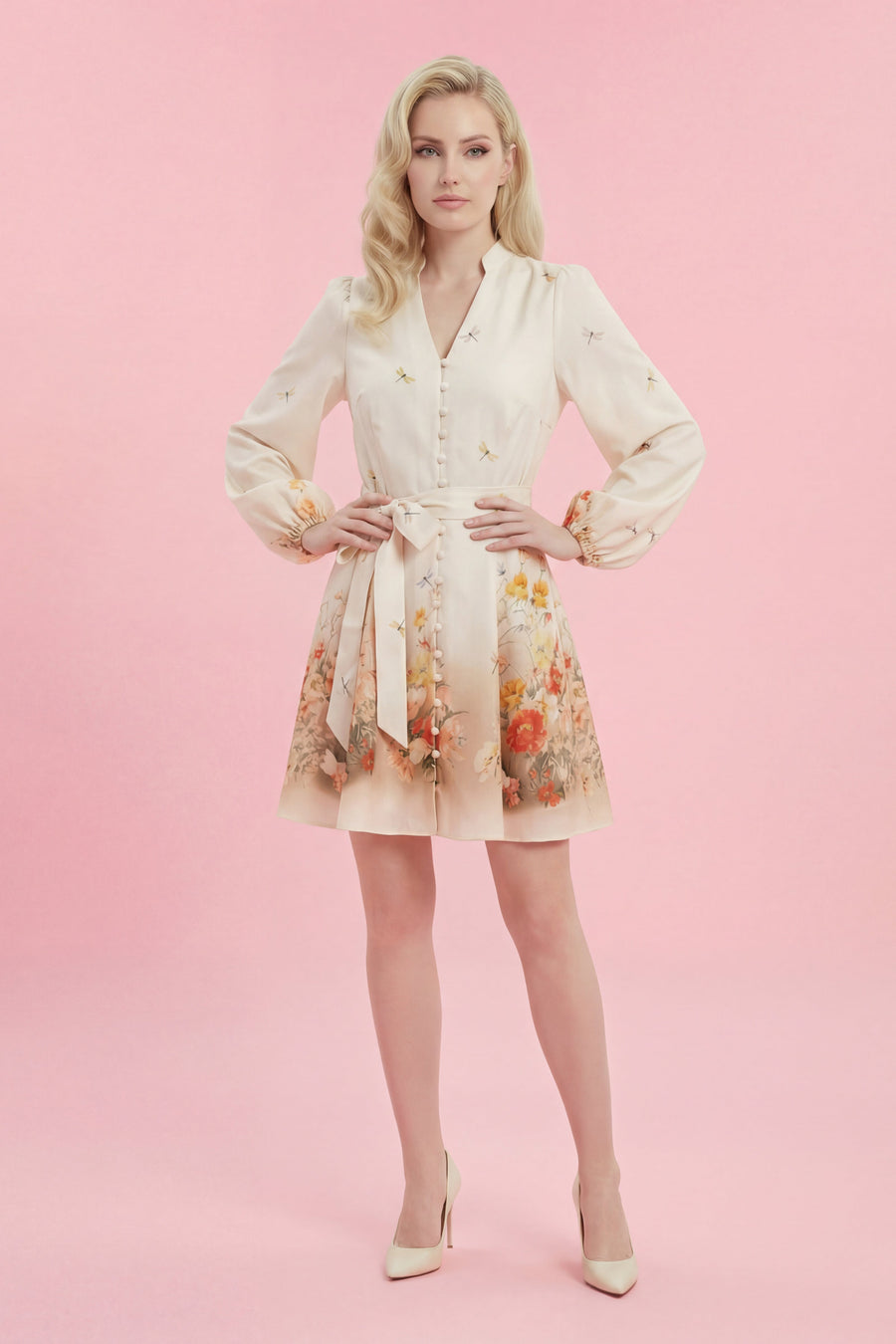 GF1317 FLORAL BUTTON-FRONT MINI DRESS