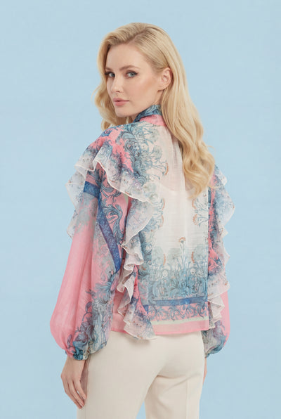 GF1473 TOILE PRINT RUFFLE BOW-TIE TOP