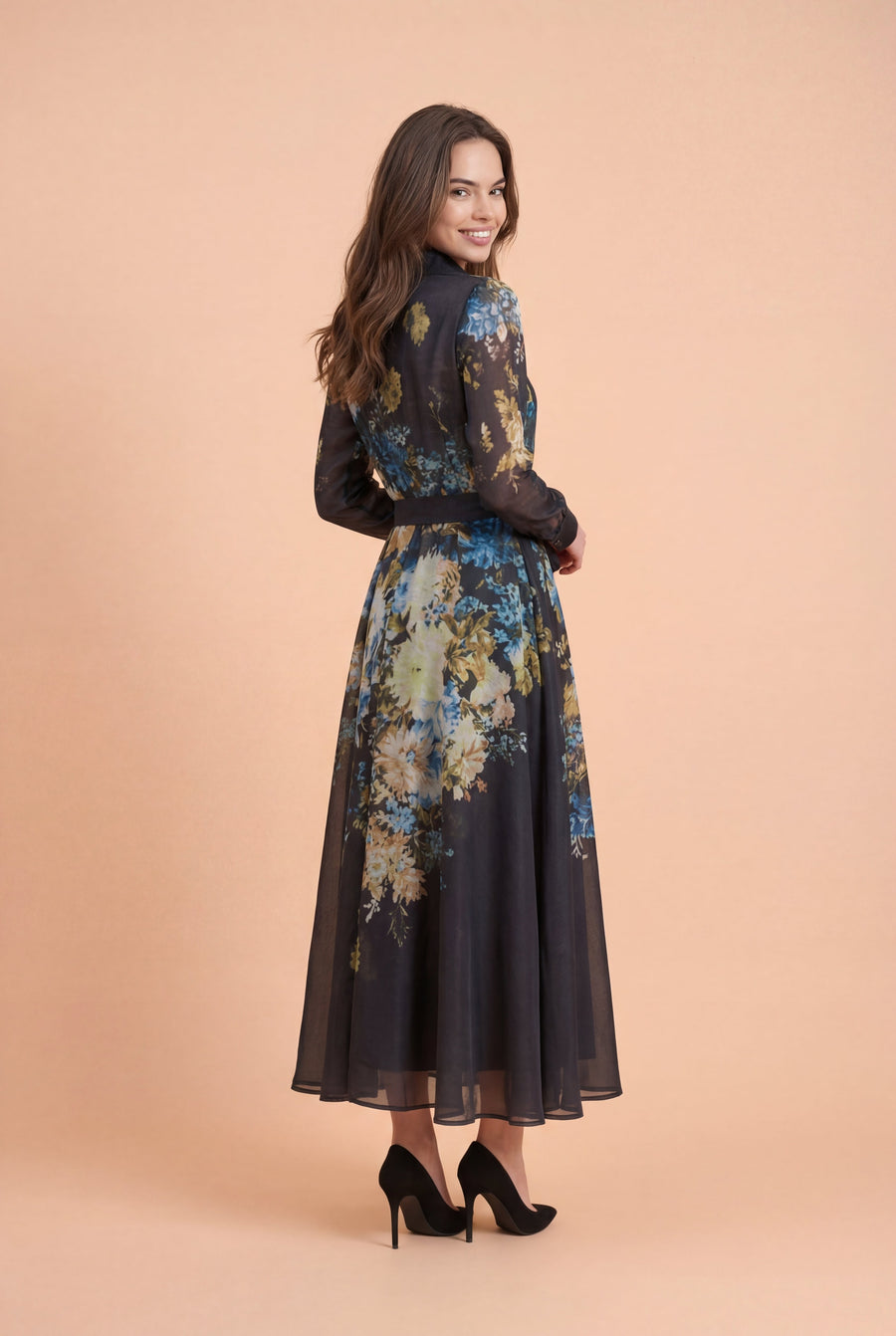 GF1551  FLORAL CHIFFON SHIRT MAXI DRESS