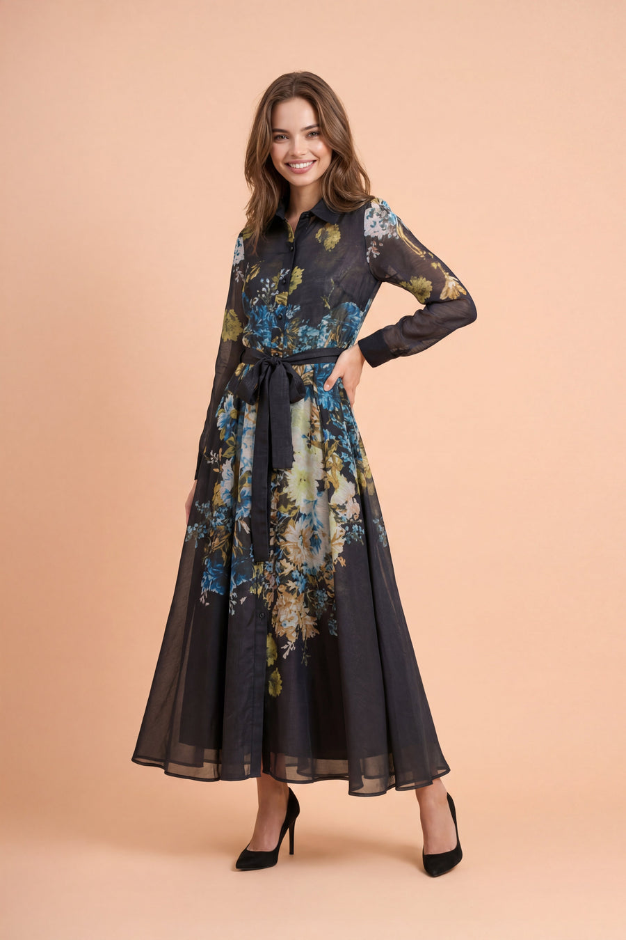GF1551  FLORAL CHIFFON SHIRT MAXI DRESS