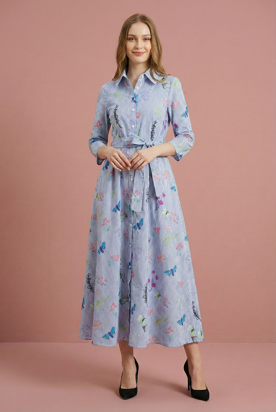 T2333 FLORAL STRIP SHIRT DRESS