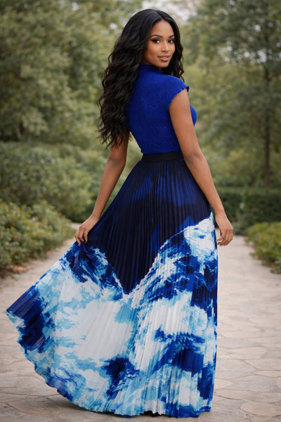 HX0003 ABSTRACT PLEATED MAXI SKIRT (BLU, PNK)