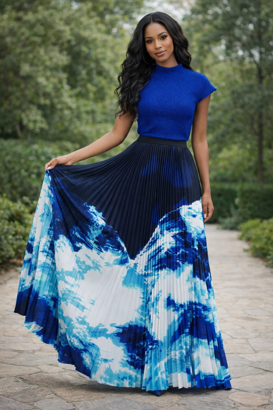HX0003 ABSTRACT PLEATED MAXI SKIRT (BLU, PNK)