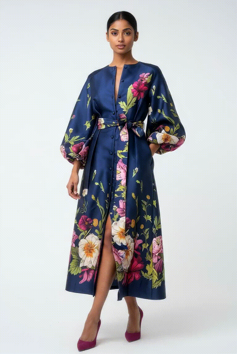 A95116 FLORAL PUFF SLEEVE DRESS (BLK, BLUE)