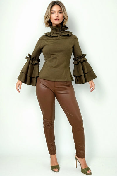 A2002 RUFFLE NECK TOP (COFFEE, OLIVE)