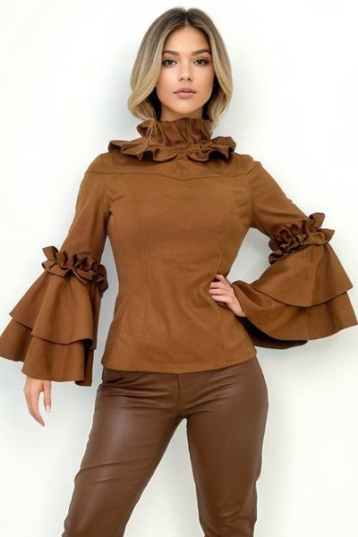 A2002 RUFFLE NECK TOP (COFFEE, OLIVE)