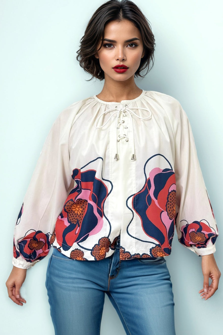 W5956 FLORAL DRAWSTRING TOP