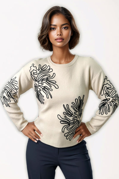 JS0019 EMBROIDERY LINE ART SWEATER (GREY, CREAM)