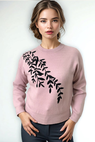 JS0020 EMBROIDERY FOLIAGE SWEATER (PINK, BLK, IVORY)