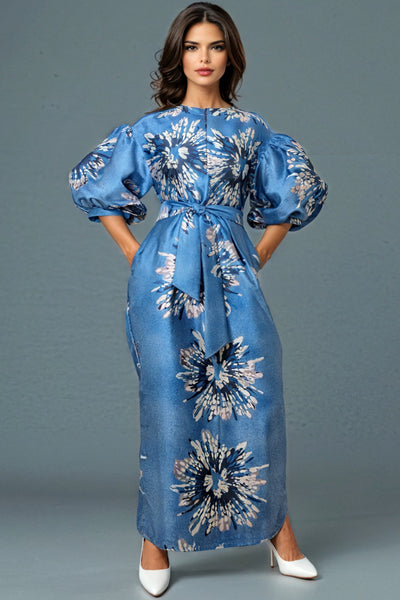 W3236B FLORAL PUFF SLEEVE DRESS