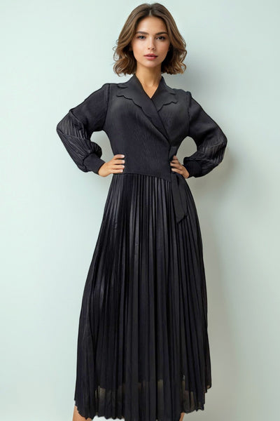 NY0027 PLEATED V-NECK DRESS (KHAKI, BLK)