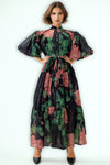 GF1213 STAND COLLAR PUFF SLEEVE DRESS
