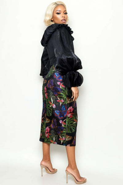 B1074S JEWEL-TONE BUTTERFLY PENCIL SKIRT