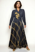 N2535 GOLDEN ACCENT PLEATED WRAP DRESS (BLK, GREY)