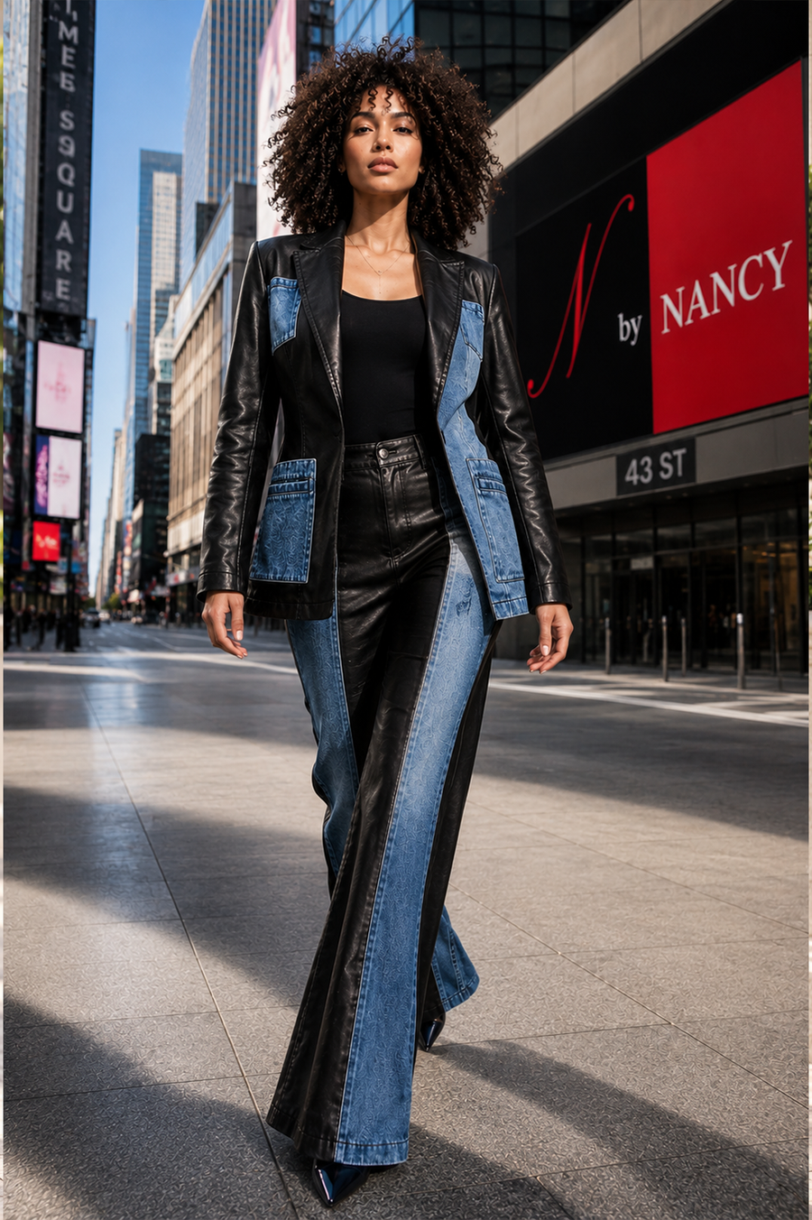 TL9096/ TL9096B TWO-TONE DENIM & FAUX LEATHER PANT SET