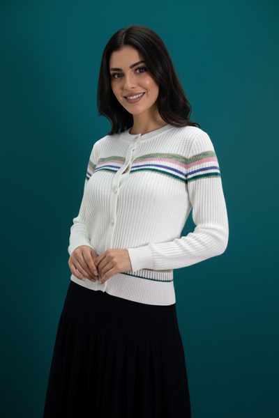 LS65086 STRIPE RIBBED CARDIGAN SWEATER