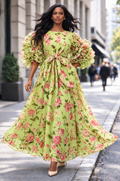 X7686 FLORAL RUFFLE SLEEVE DRESS (PINK, GRN)