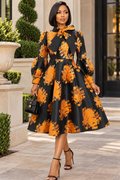 TL9057 FLORAL BROCADE BOW-NECK MIDI DRESS