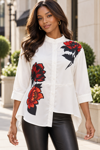 T1911 ROSE PRINT ASYMMETRICAL HEM TOP (WHT, BLU)