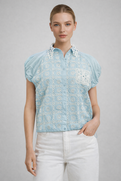 W5972 EMBROIDERED EYELET DRAWSTRING TOP