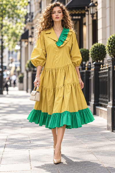 K6201 COLORBLOCK RUFFLE TIERED MIDI DRESS (BLK, BEIGE)
