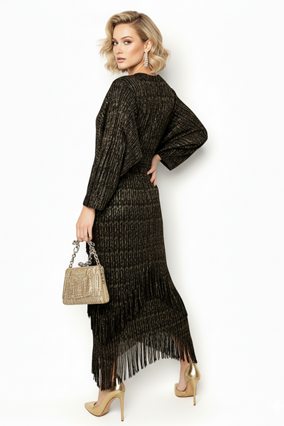 N2504 FRINGE V NECK DRESS (NAVY, BLK)