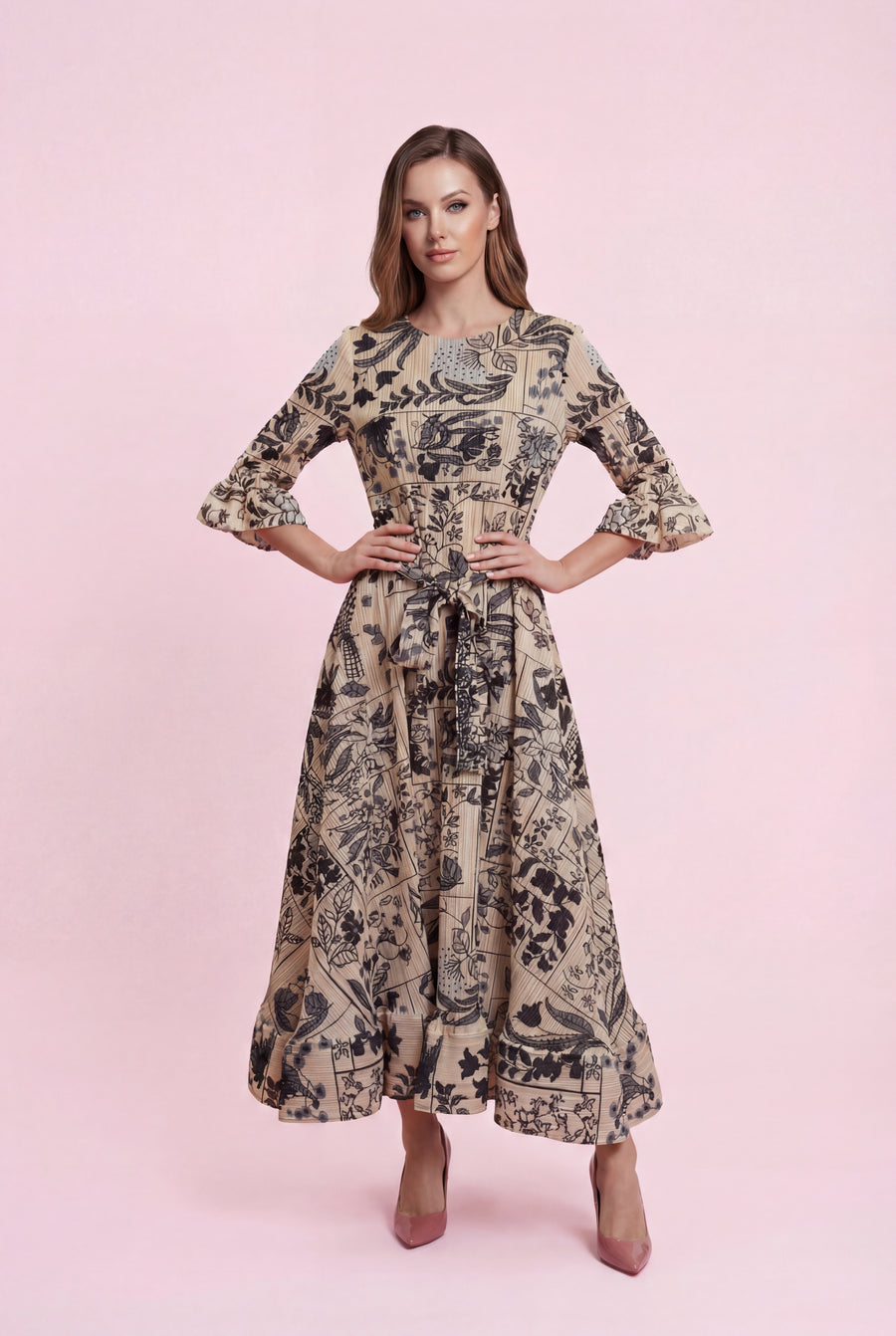 N2586 VINTAGE FLORAL DRESSCRINKLED DRESS