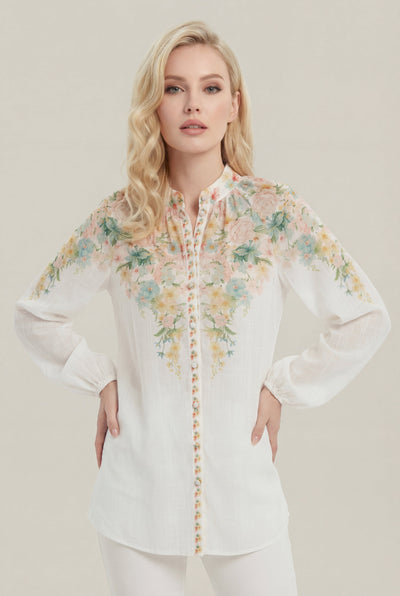 NY0040 FLORAL MANDARIN COLLAR TOP