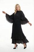 NY0042 DRAMATIC FLOUNCE-SLEEVE MAXI DRESS (PUR, BLK)