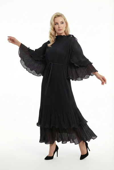 NY0042 DRAMATIC FLOUNCE-SLEEVE MAXI DRESS (PUR, BLK)