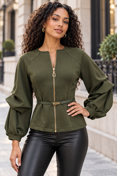 A9116 SCULPTED PUFF SLEEVE BELTED ZIP-FRONT TOP