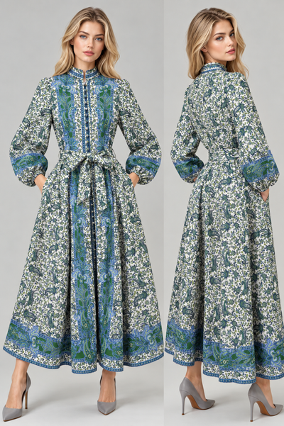 A93155A LONG SLEEVE BUTTON DOWN MAXI DRESS (BLK, GRN)