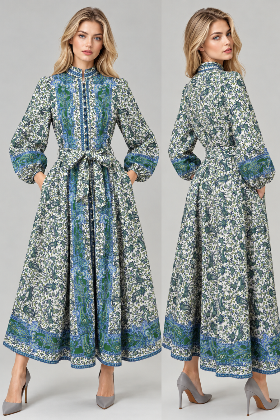 A93155A LONG SLEEVE BUTTON DOWN MAXI DRESS (BLK, GRN)
