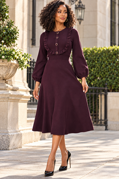M3023 RUFFLE YOKE SWEATER MIDI DRESS (BURGUNDY/ BLK)