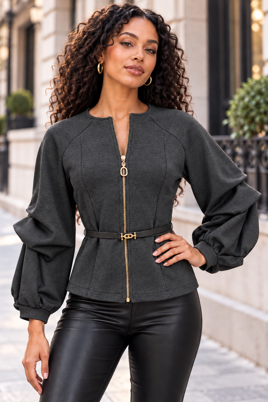 A9116 SCULPTED PUFF SLEEVE BELTED ZIP-FRONT TOP