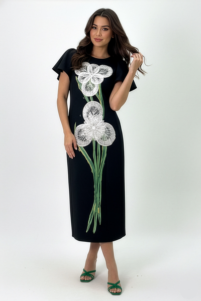 S3078 EMBELLISHED APPLIQUE MIDI DRESS