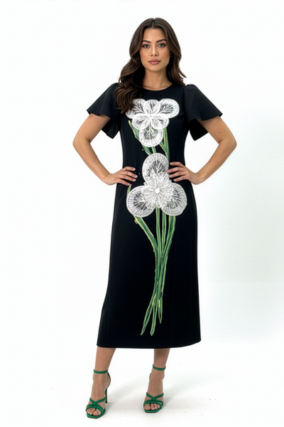 S3078 EMBELLISHED APPLIQUE MIDI DRESS