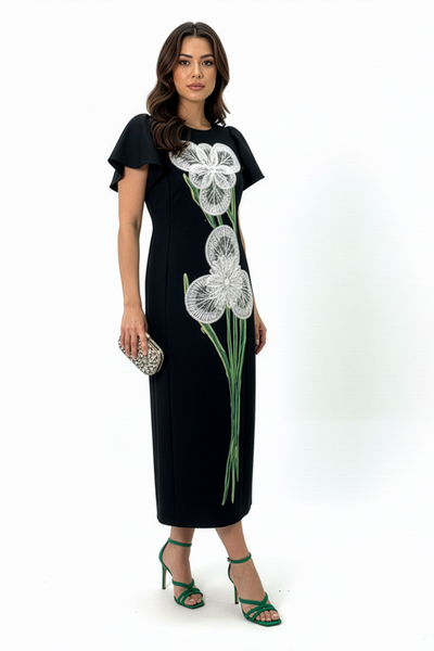 S3078 EMBELLISHED APPLIQUE MIDI DRESS