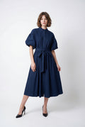 S3112 PLEATED BODICE COTTON BLEND DRESS (NAVY, WHT)