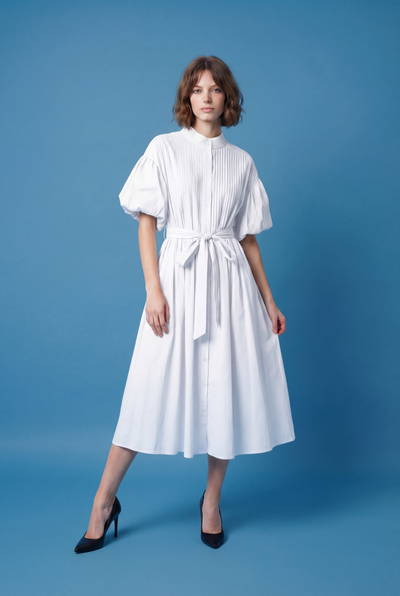 S3112 PLEATED BODICE COTTON BLEND DRESS (NAVY, WHT)