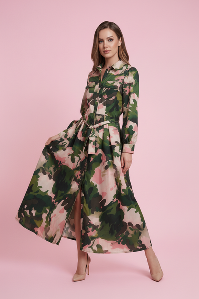 S3118 CAMO PRINT MAXI SHIRT DRESS