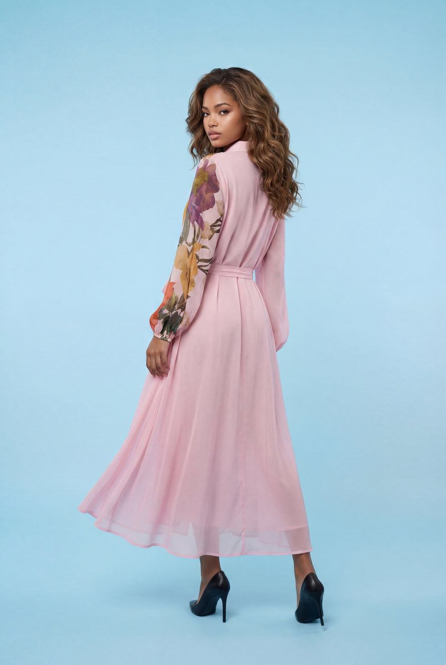 S3120 BLOOMING FLORAL SHEER SHIRT DRESS