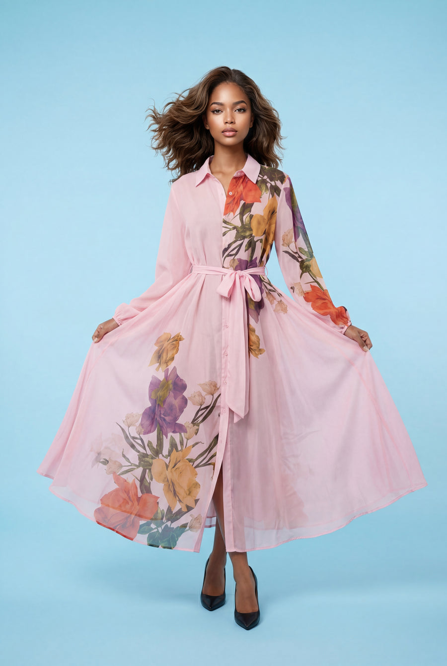 S3120 BLOOMING FLORAL SHEER SHIRT DRESS