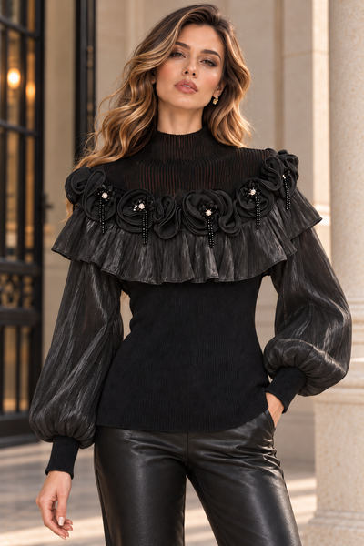 7875 ROSETTE EMBELLISHED MOCK NECK SWEATER