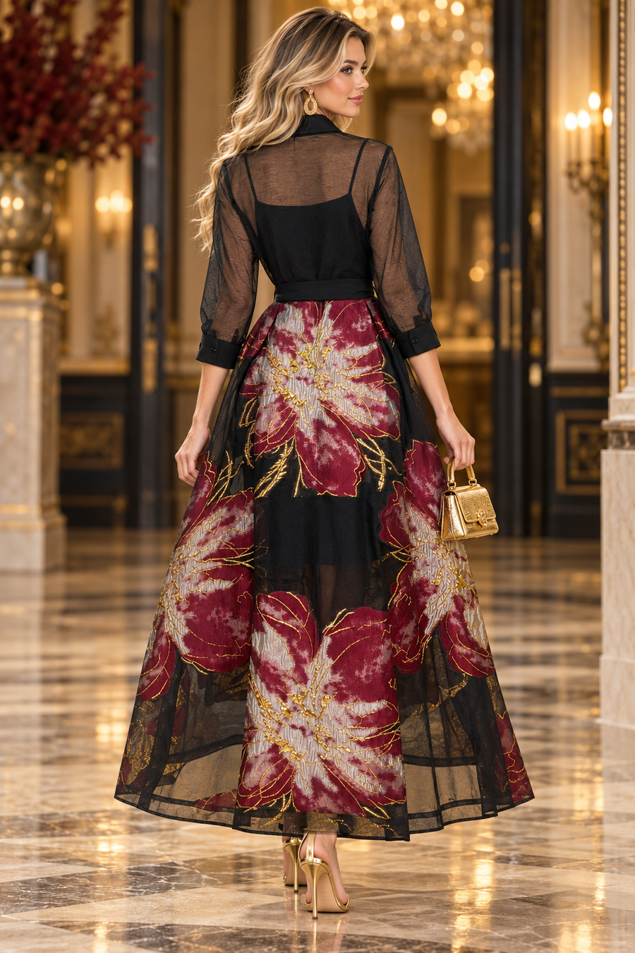 A95127 BROCADE BEAUTY MAXI DRESS (WNE, BLK)