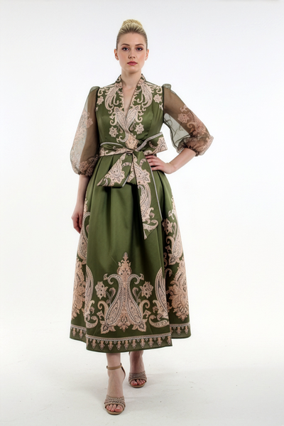 T2233 PAISLEY PRINT SHEER SLEEVE DRESS