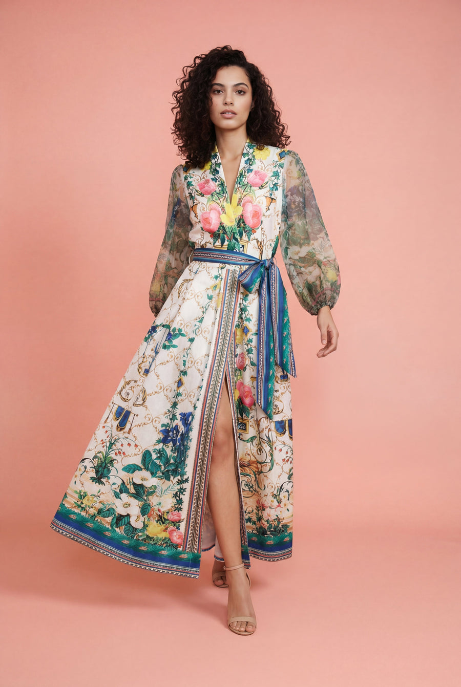 T2613 SHEER SLEEVE WRAP DRESS