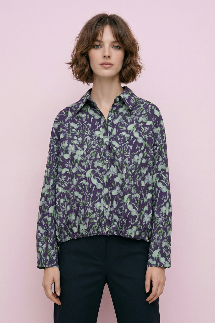 T2615 FLORAL PRINT HI-LO DRAWSTRING TOP