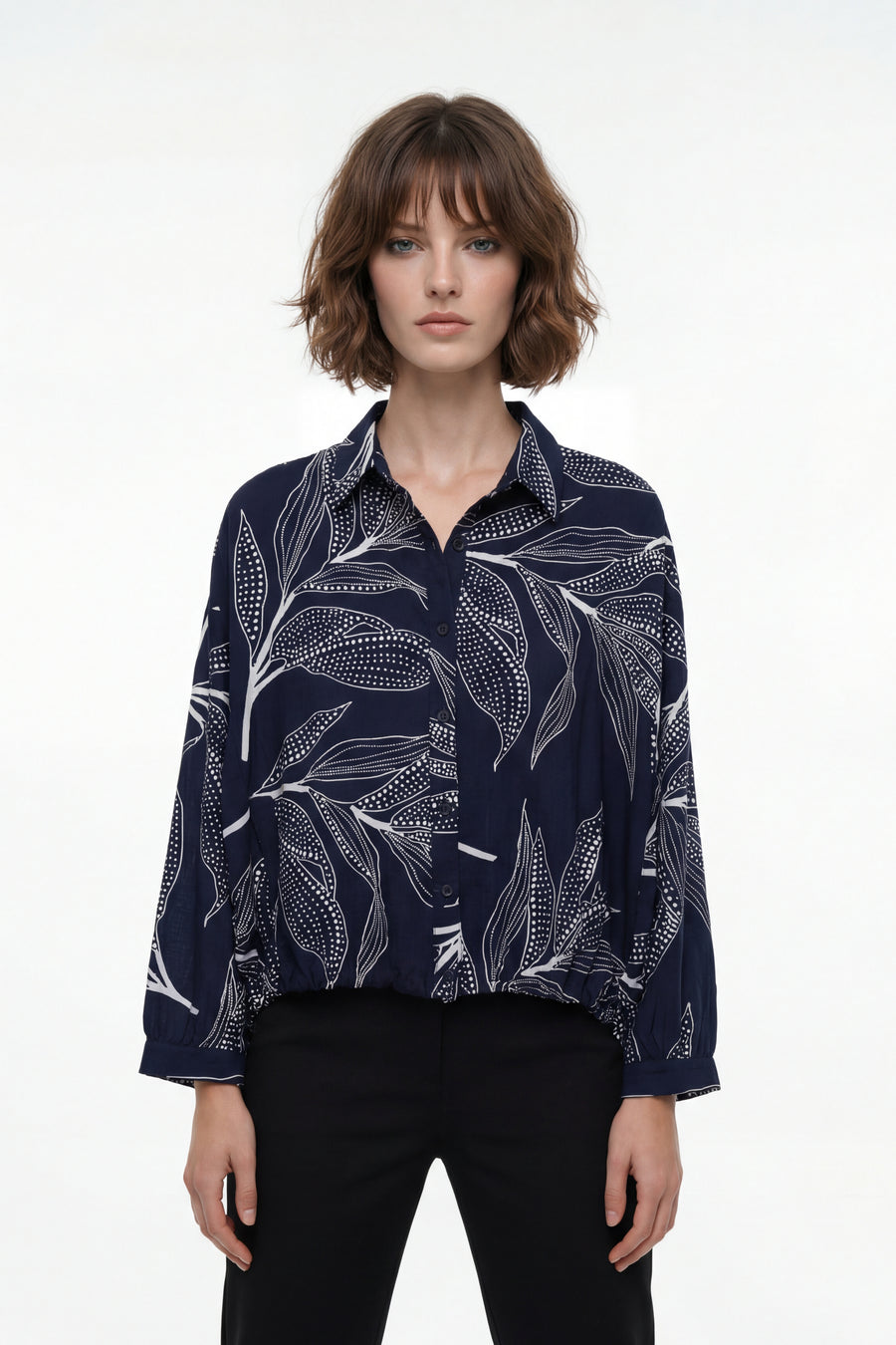 T30006 BOTANICAL PRINT HI- LO DRAWSTRING TOP