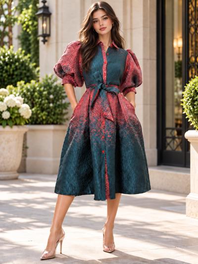 W5968 FESTIVE BROCADE PUFF SLEEVE DRESS